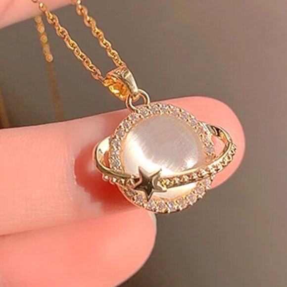 🌟NEW 14K Gold Plated Diamond Round Opal Planet Necklace - Picture 1 of 8
